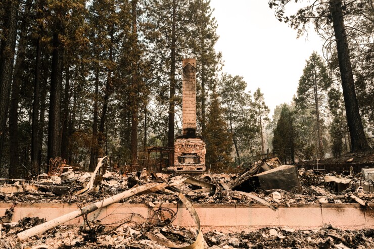 The remains of a burned structure during the Oak Fire in Mariposa County, California.