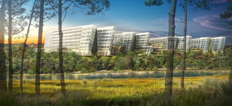 Rendering depicts American Airlines headquarters campus at Dallas-Fort Worth International Airport.
