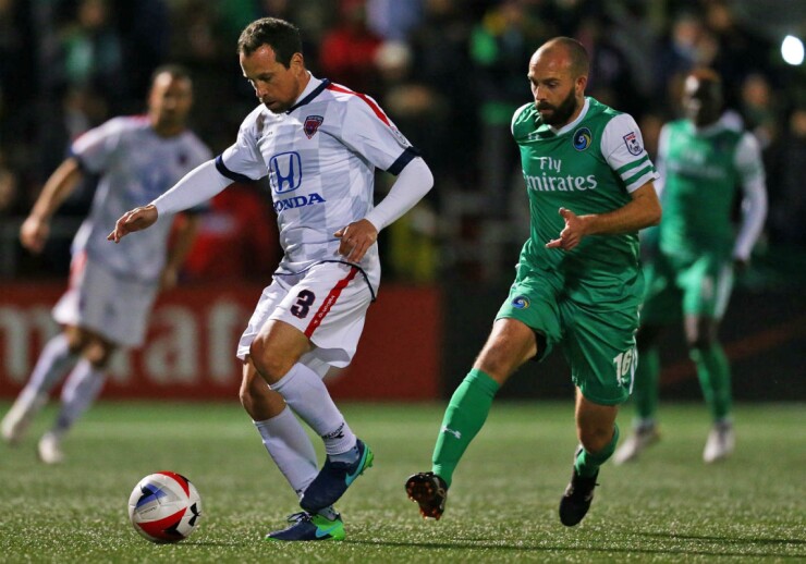 Gerardo Torrado of the Indy Eleven plays the ball in the North American Soccer League chapionship game on November 13, 2016 at Belson Stadium in Queens, New York. The New York Cosmos won the title in a penalty kick tiebreaker.