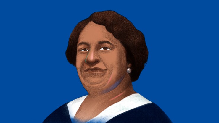 A portrait of Maggie Lena Walker set against a blue background