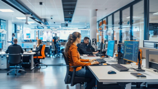 A woman in an orange shirt sits at a desk in an open office setting, typing on a computer keyboard. Other people are working in the background.