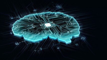 A human brain represented by circuit board/AI tech intelligence cyber space concept AI tech tools