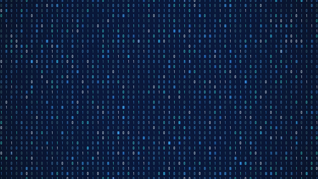 Binary code technology abstract background. Internet security, data encryption, computer dark blue wallpaper. Cryptographic, cryptocurrency