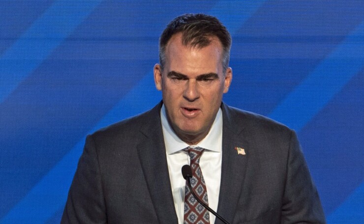 Oklahoma Gov. Kevin Stitt speaks at the American Energy Security Summit in Oklahoma City in September 2023.