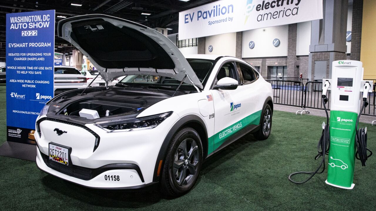 A Potomac Electric Power Co. (Pepco) Ford Motor Mustang during the Washington Auto Show in Washington, D.C., U.S., on Friday, Jan. 21, 2022. The auto show, designated as one of the nation's top five auto shows by the International Organization of Motor Vehicle Manufacturers, runs from January 21-30. Photographer: Al Drago/Bloomberg