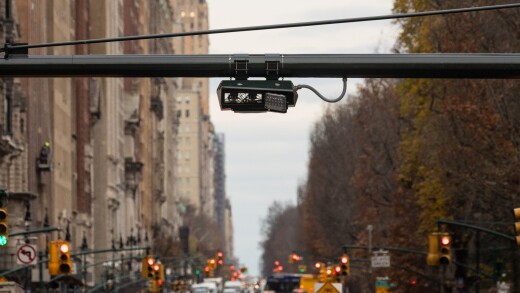 Transponder readers and license plate cameras installed in Manhattan for congestion pricing tolls.