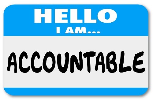 Hello I Am Accountable words on a name tag sticker showing you accept responsibility or blame for a problem