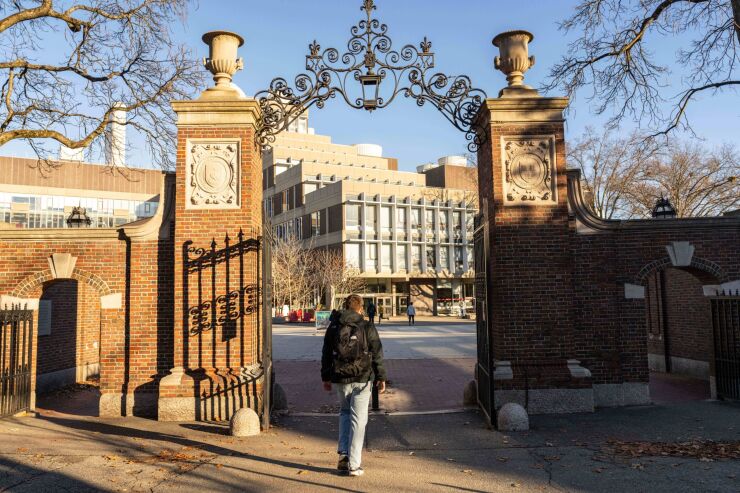 The entrance to the Harvard University campus in Cambridge, Massachusetts