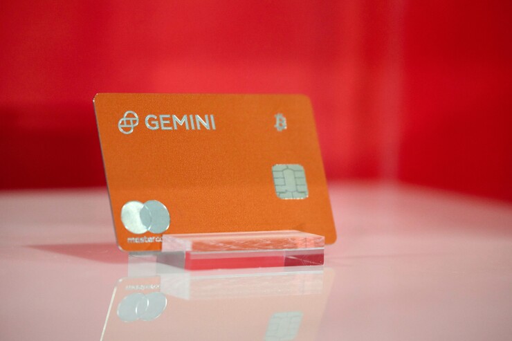 A Gemini Trust Bitcoin credit card displayed at the Bitcoin 2025 conference in Las Vegas, Nevada.