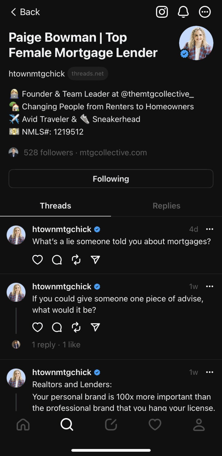 Paige Bowman mortgage loan officer Threads profile July 2023