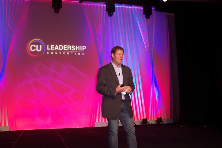 Kirk Drake, president and CEO of Ongoing Operations and author of “Credit Union 2.0,” speaking during the recent CU Leadership Convention in Las Vegas.