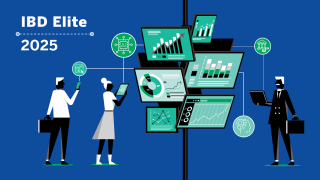 An illustration displays business professionals using AI and the label "IBD Elite 2025" against a blue background