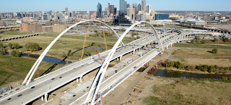 The Margaret McDermott Bridge, part of the P3 project by the Texas Department of Transportation for the Horseshoe interchange for two interstate highways near downtown Dallas.