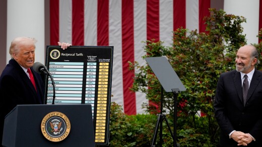President Donald Trump, left, and Howard Lutnick, U.S. commerce secretary, during a tariff announcement in the Rose Garden of the White House