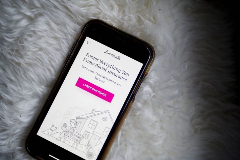 The website home screen for Lemonade on a smartphone arranged in New York, U.S., on Thursday, Nov. 5, 2020. Lemonade Inc. is scheduled to release earnings figures on November 11. Photographer: Gabby Jones/Bloomberg
