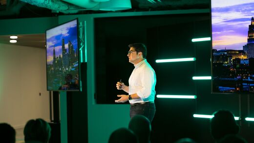 Trent Bigelow, a cofounder of Track, presents at NBKC's Fountain City Fintech program in late 2018.