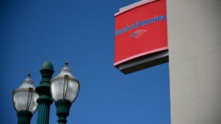 Signage is displayed outside a Bank of America branch in Alameda, California.
