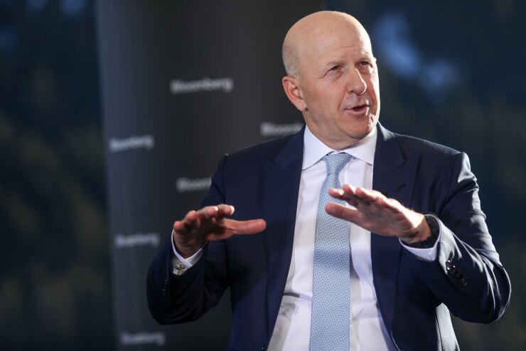 David Solomon, chief executive officer of Goldman Sachs, gestures as he speaks during an interview at the World Economic Forum in Davos, Switzerland, on Jan. 23, 2020.