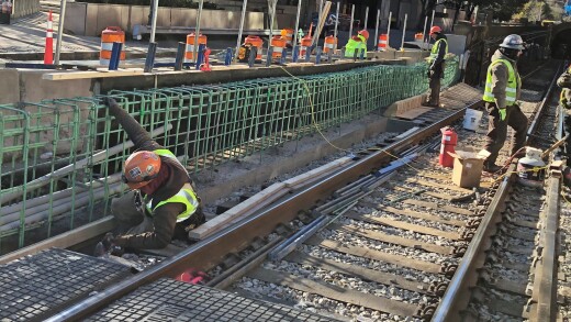 Construction on the MBTA Red Line on the Longfellow Bridge in Boston in November 2017.
