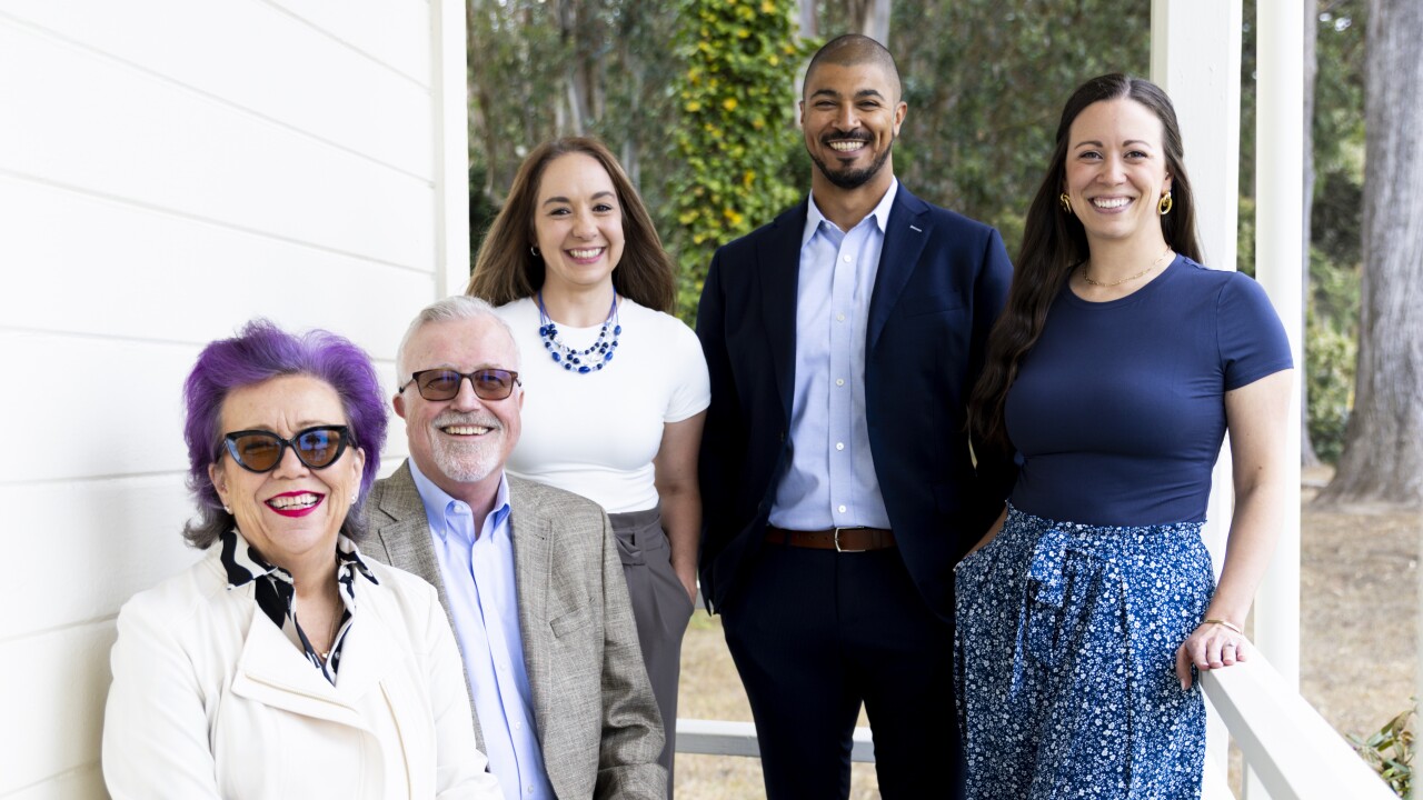 From left to right, CEO Elissa Buie, Managing Director Dave Yeske, Chief Operating Officer Lauren Mireles, Chief Investment Officer Yusuf Abugideiri and Chief Planning Officer Lauren Stansell of Vienna, Virginia- and San Francisco-based registered investment advisory firm Yeske Buie posed together ahead of the company's leadership succession next month.