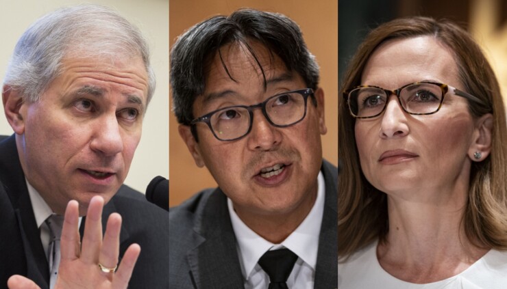 The FDIC is led by Chair Jelena McWilliams, right, a Trump appointee. But the agency’s five-member board is now stacked with three Democratic appointees, including former Chair Martin Gruenberg, left, and acting Comptroller of the Currency Michael Hsu.