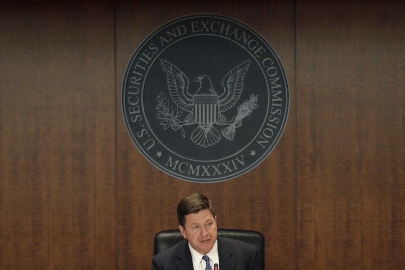 Jay Clayton, chairman of U.S. Securities and Exchange Commission (SEC), speaks during an SEC open meeting in Washington, D.C., U.S., on Wednesday, April 18, 2018. Clayton unveiled a new approach that will attempt to address legal and regulatory uncertainties that were largely triggered by the Labor Department's rules. 