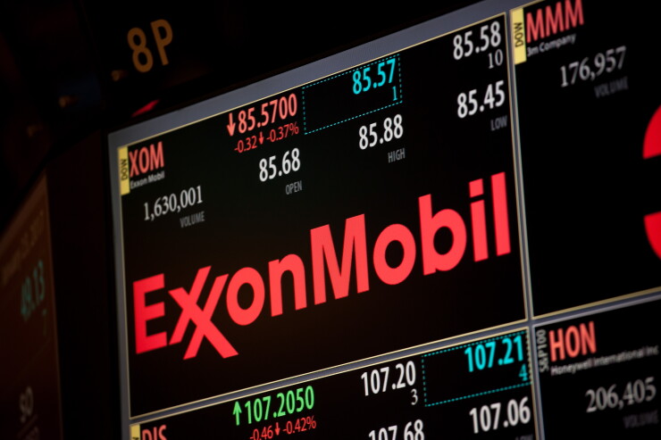 Exxon Mobil Corp. signage on the floor of the New York Stock Exchange in New York on Jan. 23, 2017.