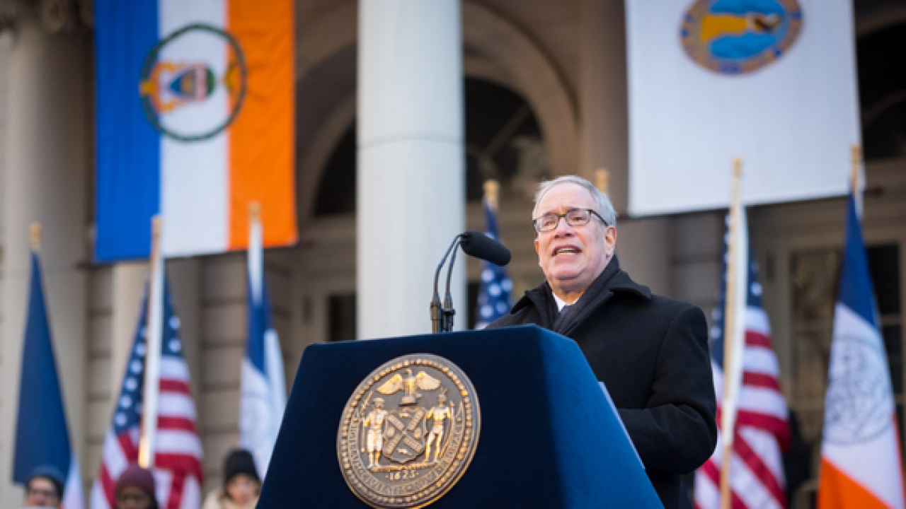 NYC Comptroller Scott Stringer delivers remarks at City Hall.
