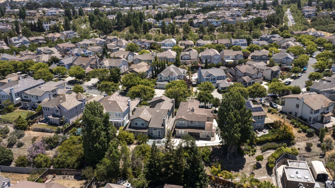 Birds eye view of neighborhood of houses in Hercules, California