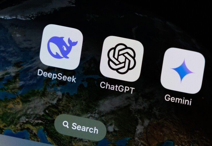 Smartphone with app icons for DeepSeek, ChatGPT and Gemini