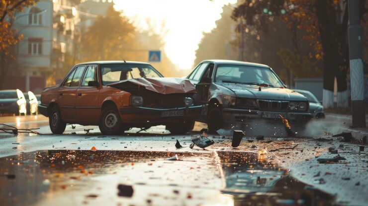 Debris on the road from a two-car crash