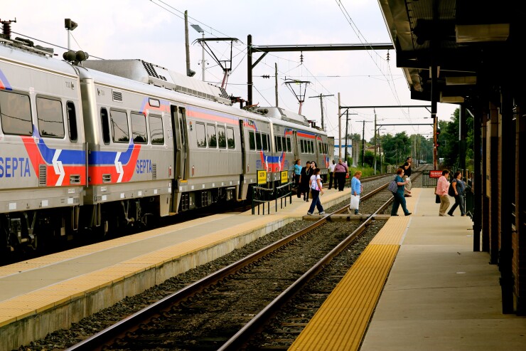 A 'Silverliner V' electric regional commuter train of the Southeastern Pennsylvania Transportation Authority.