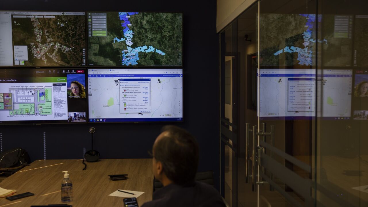 A worker monitors agricultural data at the AgroSB headquarters in Palmas, Tocantins state, Brazil, on Tuesday, June 21, 2022. Agriculture increased its share of Brazilian gross domestic product over the past three years from 20% to 28% of the country’s $1.7 trillion economy, according to the University of Sao Paulo. Photographer: Victor Moriyama/Bloomberg