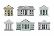 Bank buildings icons set isolated on white background. Front vie
