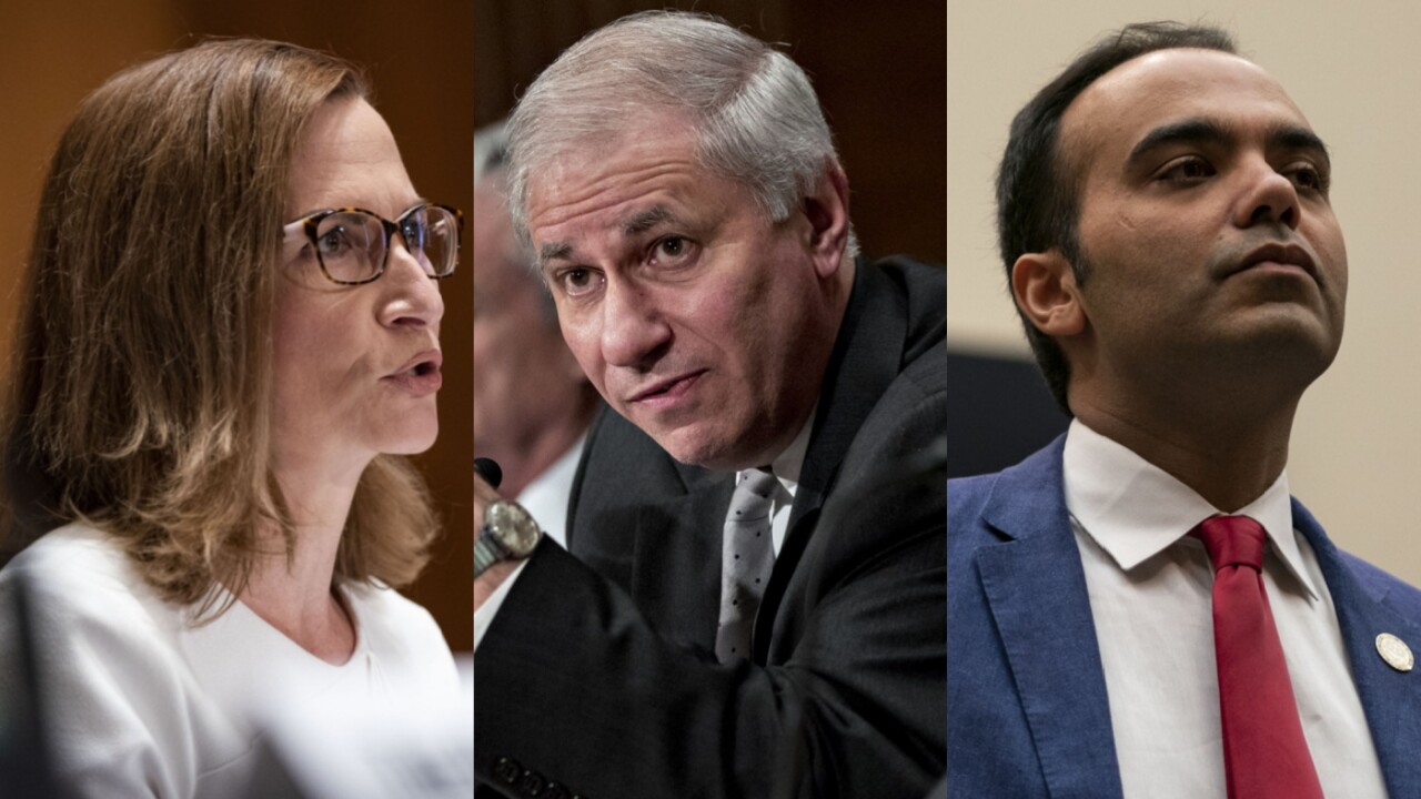 Consumer Financial Protection Bureau Director Rohit Chopra, far right, and former FDIC Chair Martin Gruenberg sent shockwaves through the capital when they announced the board's Democratic majority had launched a review of bank merger policy without the support of Trump-appointed FDIC Chair Jelena McWilliams.