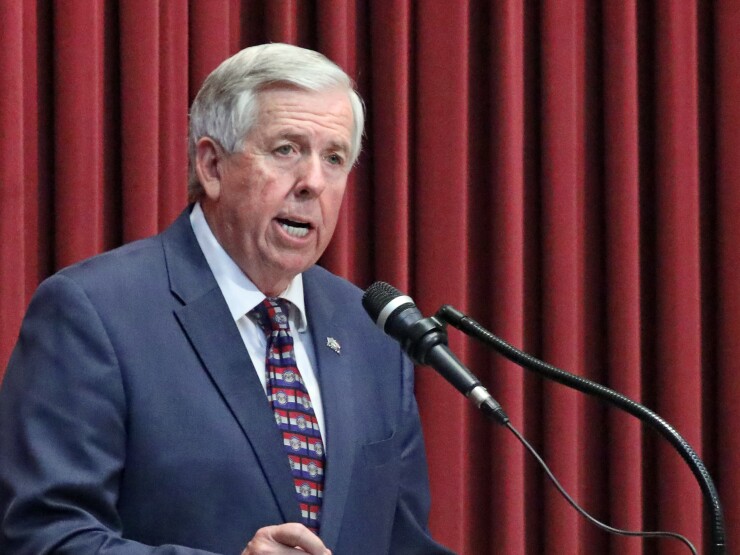 Mike Parson, shown speaking to the state legislature on June 11, 2018, became governor on June 1, 2018 after Eric Greitens resigned.