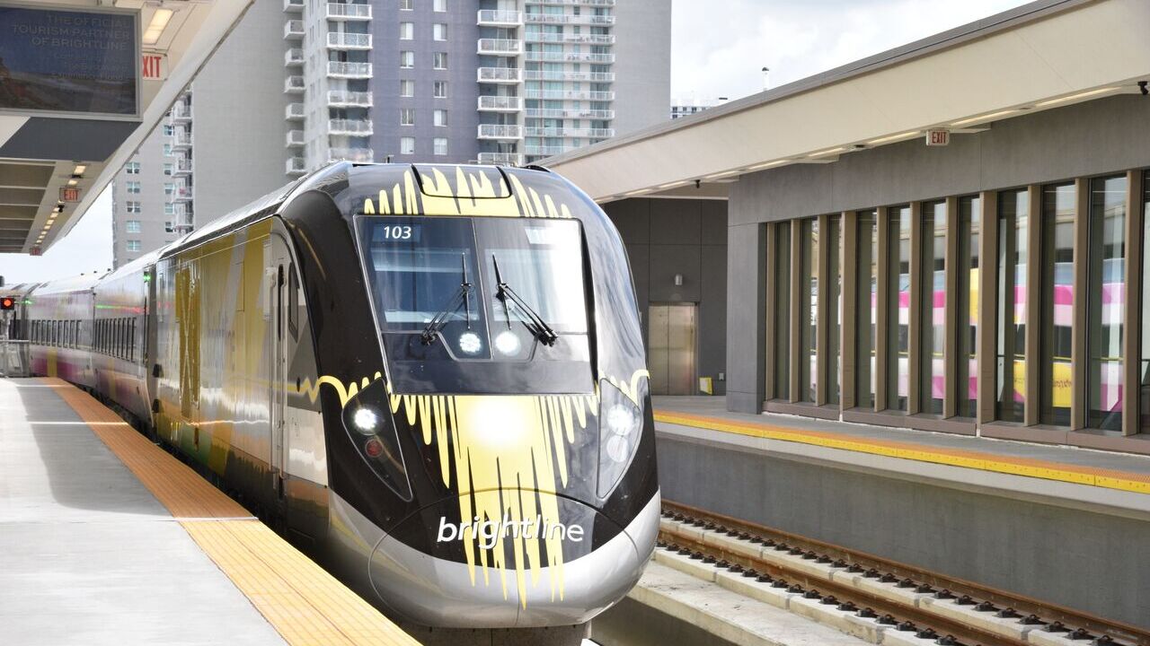 A Florida Brightline passenger train arrives in Miami in May 2018.