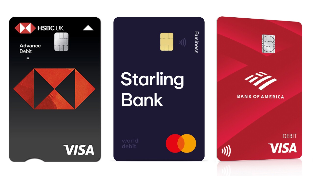 Vertical cards from HSBC U.K., Starling Bank and Bank of America.