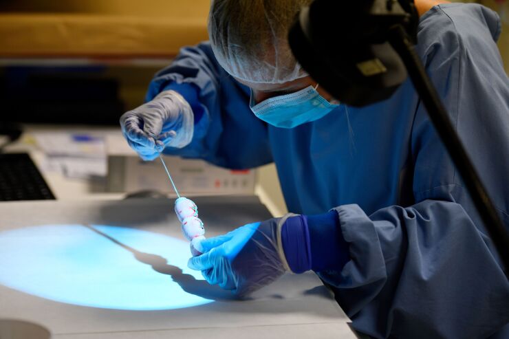 A technician uses a special lighting device called "crimescope" to search fingerprints on a knife on May 22, 2018 at Eurofins Forensic Analysis unit based in Nantes.
