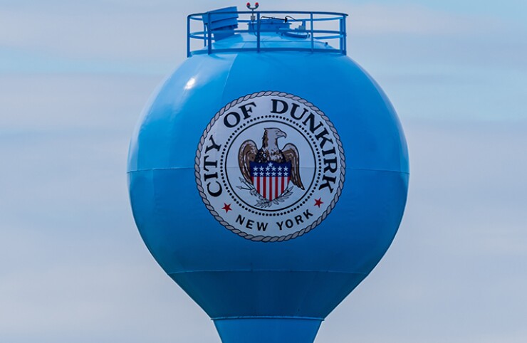 A water tower in the city of Dunkirk, New York.