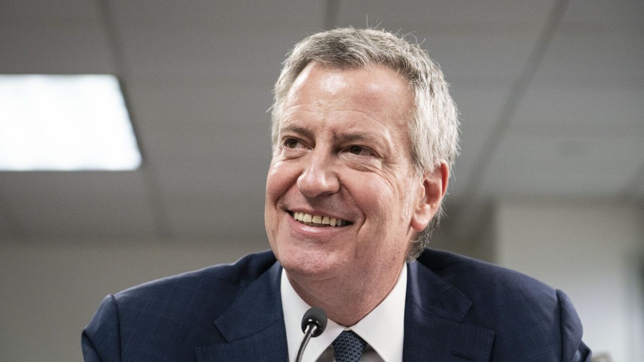 Bill de Blasio, mayor of New York, smiles during a public hearing on school governance and mayoral control in New York, U.S., on Friday, March 15, 2019.