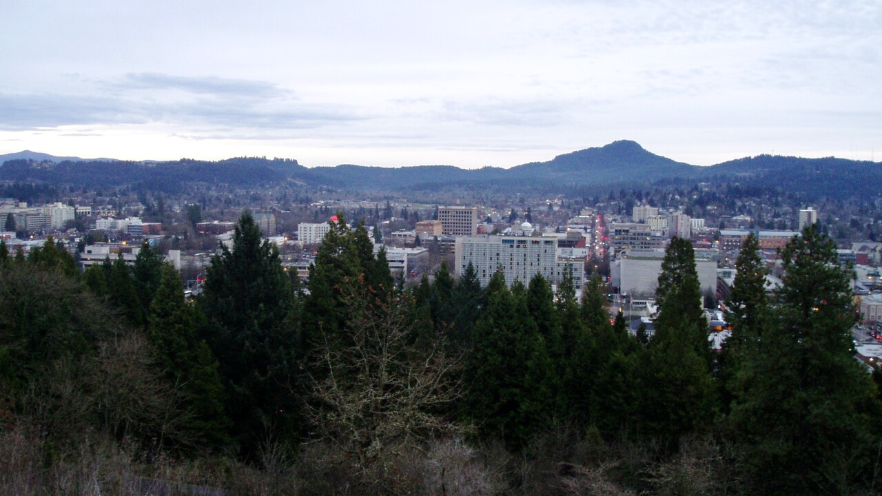 Downtown Eugene's skyline and Spencer Butte as seen from Skinner Butte in North Eugene
