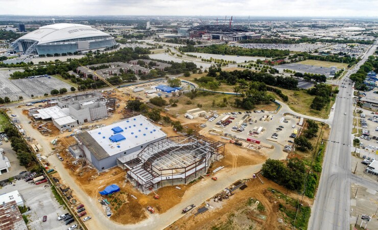 Arlington ISD, Texas' Fine Arts Center is under construction near Dallas Cowboys stadium in a Sept 20, 2019 photo. The facility is funded with bonds voters authorized in 2014.