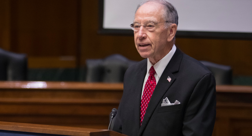 Sen. Chuck Grassley (R-Iowa), speaking at a National Whistleblower Day event in Washington in July, says whistleblowers like financial advisor Johnny Burris should be “protected and rewarded” for exposing wrongdoing.