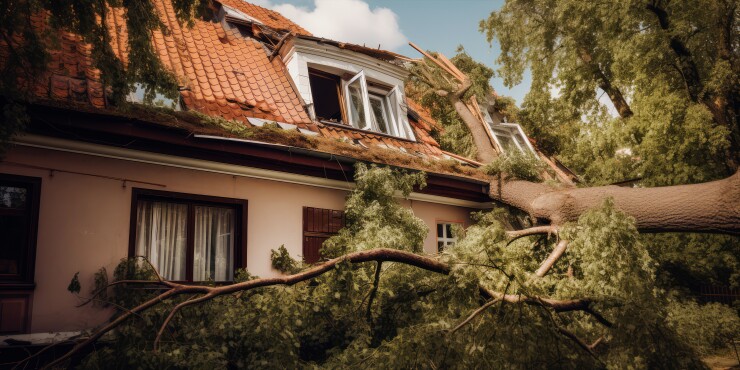 fallen tree on house roof after hurricane.