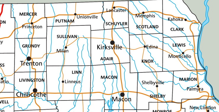 Road map of northeastern portion of Missouri, with counties and county seats labeled, including Kirksville in Adair County near center