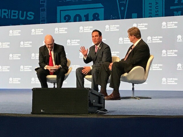 CUNA VP of Advocacy Ryan Donovan and U.S. Reps Pete Aguilar and Mark Amodei on stage during the 2018 CUNA GAC in Washington