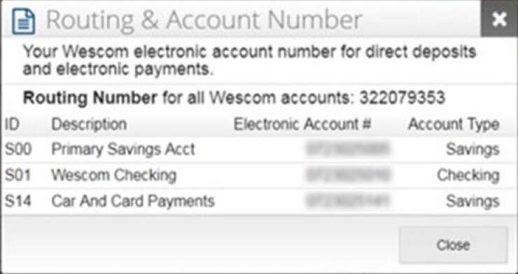 Wescom CU sample routing account number info