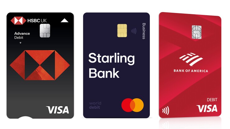 Vertical cards from HSBC U.K., Starling Bank and Bank of America.