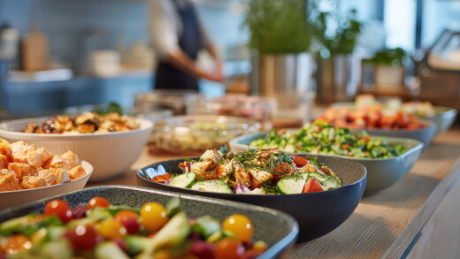Healthy corporate cafeteria offering nutritious meal options and fresh food preparation, workplace nutrition program with employee dining environment for wellness and balanced lifestyle benefits.